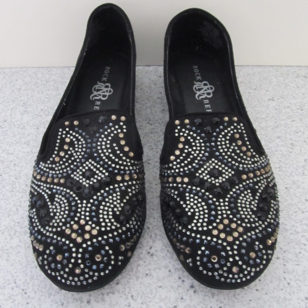 Rock and Republic Studded Beaded Casual Loafer Slip On Black Shoes 5.5